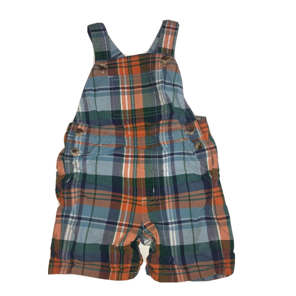 Janie and Jack 12-18 Months Shortalls Short Overalls Orange Blue Plaid Crab